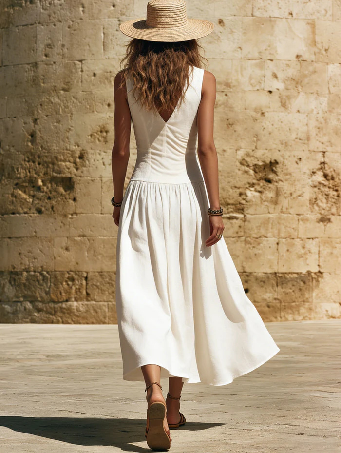 Womens Sleeveless Midi Dress - V-Neck Button-Front Flowy A-Line Skirt